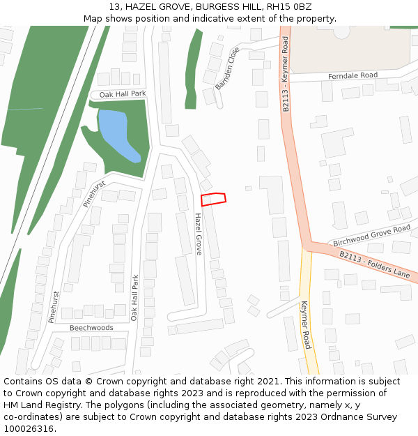 13, HAZEL GROVE, BURGESS HILL, RH15 0BZ: Location map and indicative extent of plot