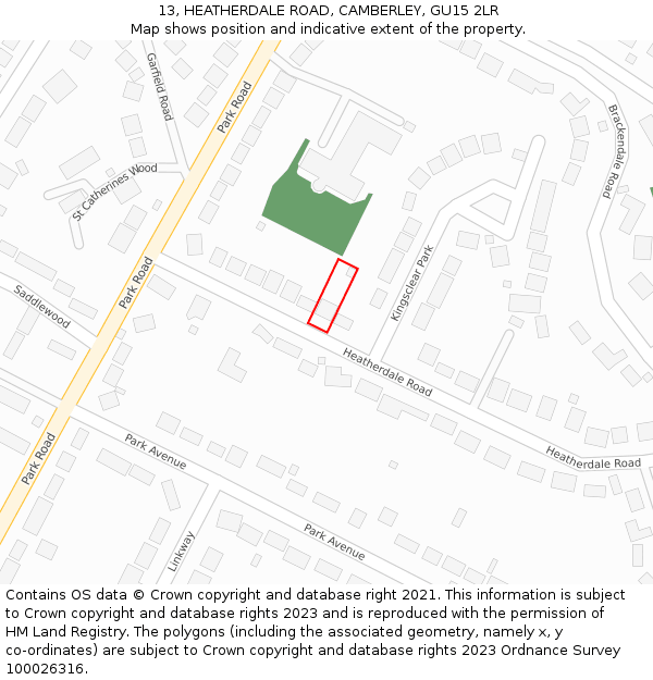 13, HEATHERDALE ROAD, CAMBERLEY, GU15 2LR: Location map and indicative extent of plot