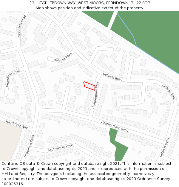 13, HEATHERDOWN WAY, WEST MOORS, FERNDOWN, BH22 0DB: Location map and indicative extent of plot
