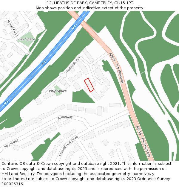 13, HEATHSIDE PARK, CAMBERLEY, GU15 1PT: Location map and indicative extent of plot