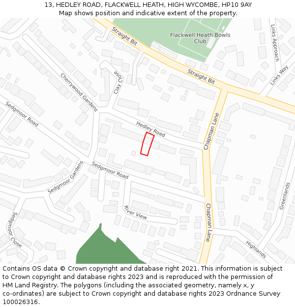 13, HEDLEY ROAD, FLACKWELL HEATH, HIGH WYCOMBE, HP10 9AY: Location map and indicative extent of plot