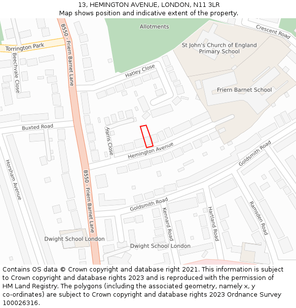 13, HEMINGTON AVENUE, LONDON, N11 3LR: Location map and indicative extent of plot