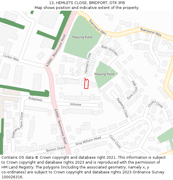 13, HEMLETS CLOSE, BRIDPORT, DT6 3FB: Location map and indicative extent of plot
