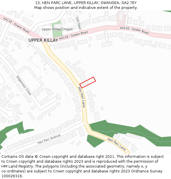 13, HEN PARC LANE, UPPER KILLAY, SWANSEA, SA2 7EY: Location map and indicative extent of plot