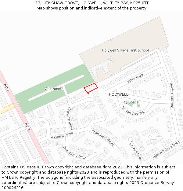 13, HENSHAW GROVE, HOLYWELL, WHITLEY BAY, NE25 0TT: Location map and indicative extent of plot