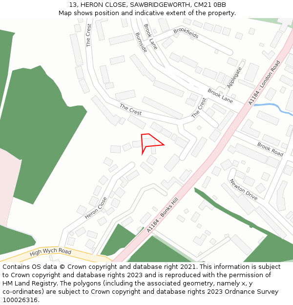 13, HERON CLOSE, SAWBRIDGEWORTH, CM21 0BB: Location map and indicative extent of plot