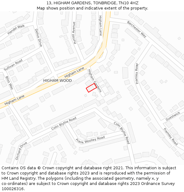 13, HIGHAM GARDENS, TONBRIDGE, TN10 4HZ: Location map and indicative extent of plot