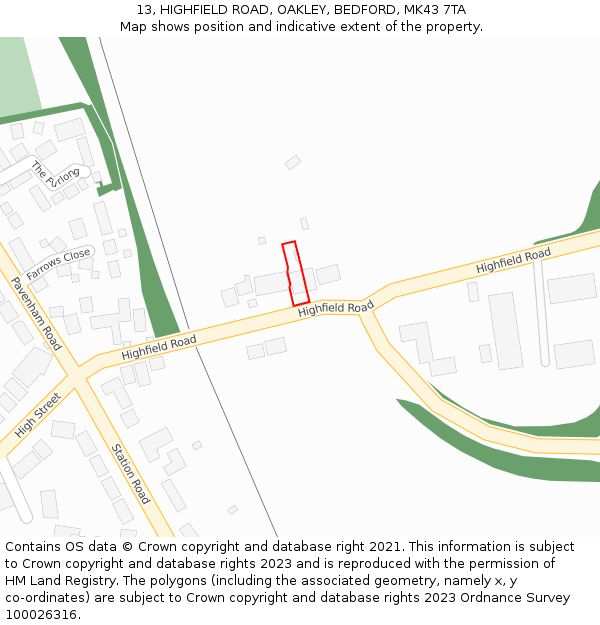 13, HIGHFIELD ROAD, OAKLEY, BEDFORD, MK43 7TA: Location map and indicative extent of plot