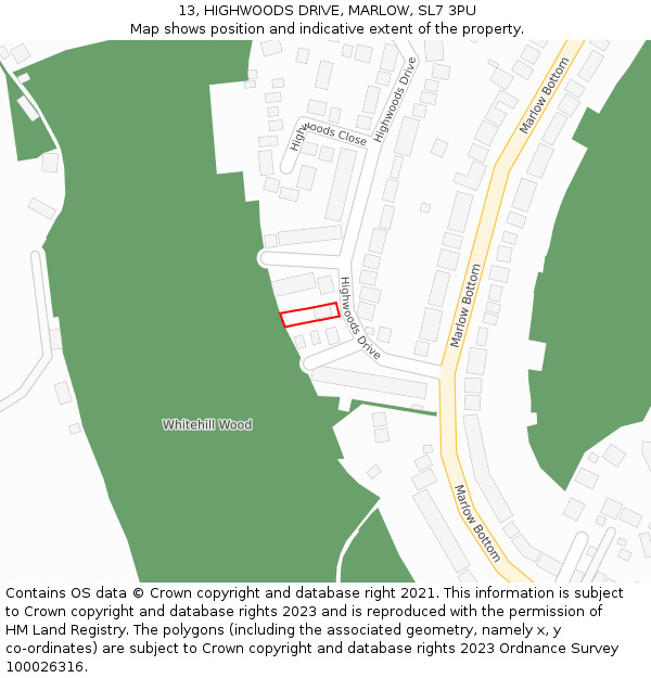 13, HIGHWOODS DRIVE, MARLOW, SL7 3PU: Location map and indicative extent of plot