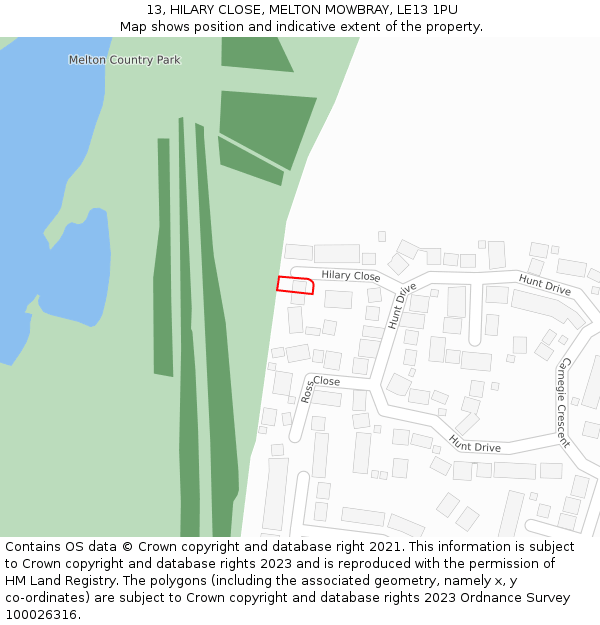 13, HILARY CLOSE, MELTON MOWBRAY, LE13 1PU: Location map and indicative extent of plot