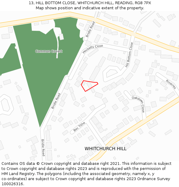 13, HILL BOTTOM CLOSE, WHITCHURCH HILL, READING, RG8 7PX: Location map and indicative extent of plot