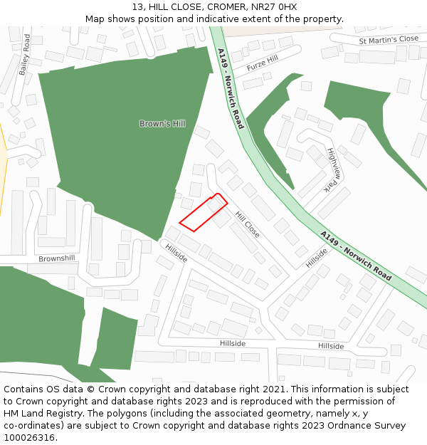 13, HILL CLOSE, CROMER, NR27 0HX: Location map and indicative extent of plot