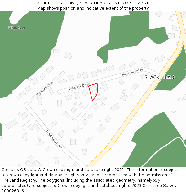 13, HILL CREST DRIVE, SLACK HEAD, MILNTHORPE, LA7 7BB: Location map and indicative extent of plot