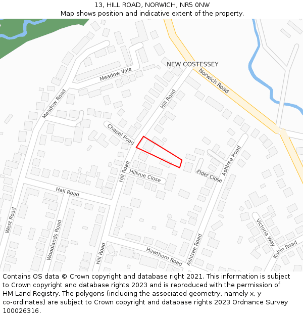 13, HILL ROAD, NORWICH, NR5 0NW: Location map and indicative extent of plot