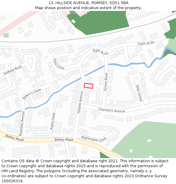 13, HILLSIDE AVENUE, ROMSEY, SO51 5BA: Location map and indicative extent of plot