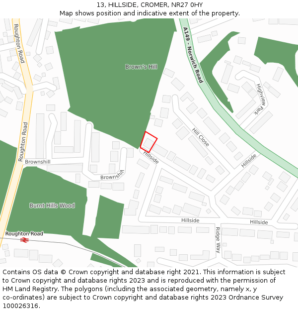 13, HILLSIDE, CROMER, NR27 0HY: Location map and indicative extent of plot