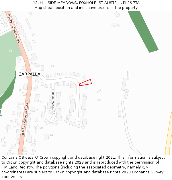 13, HILLSIDE MEADOWS, FOXHOLE, ST AUSTELL, PL26 7TA: Location map and indicative extent of plot