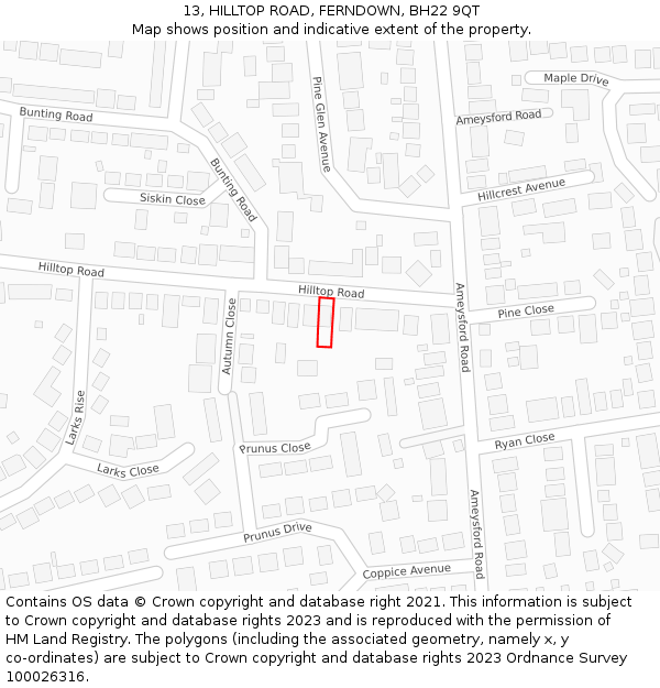 13, HILLTOP ROAD, FERNDOWN, BH22 9QT: Location map and indicative extent of plot