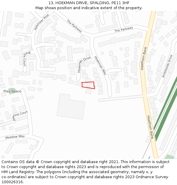 13, HOEKMAN DRIVE, SPALDING, PE11 3HF: Location map and indicative extent of plot