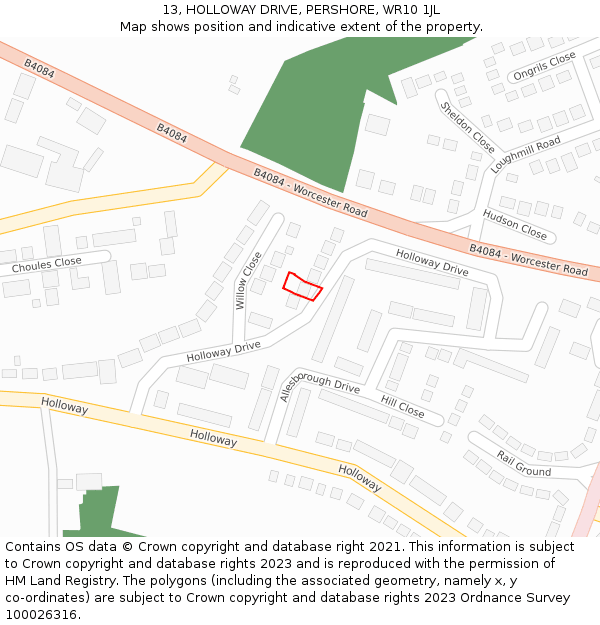 13, HOLLOWAY DRIVE, PERSHORE, WR10 1JL: Location map and indicative extent of plot