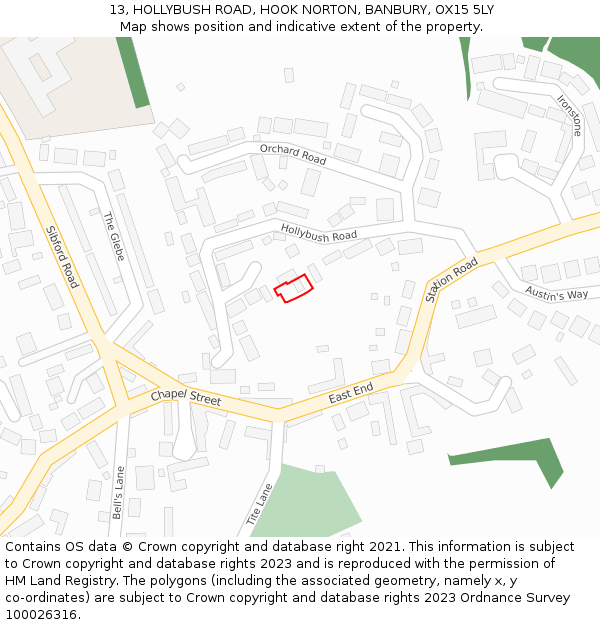 13, HOLLYBUSH ROAD, HOOK NORTON, BANBURY, OX15 5LY: Location map and indicative extent of plot