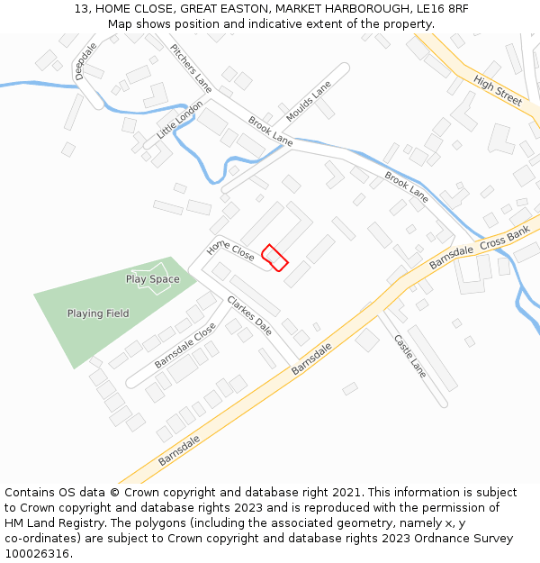 13, HOME CLOSE, GREAT EASTON, MARKET HARBOROUGH, LE16 8RF: Location map and indicative extent of plot