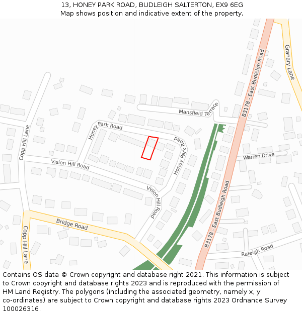 13, HONEY PARK ROAD, BUDLEIGH SALTERTON, EX9 6EG: Location map and indicative extent of plot