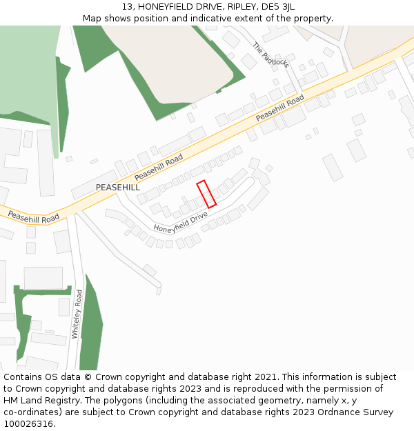 13, HONEYFIELD DRIVE, RIPLEY, DE5 3JL: Location map and indicative extent of plot