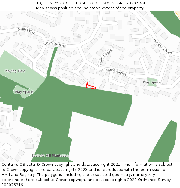 13, HONEYSUCKLE CLOSE, NORTH WALSHAM, NR28 9XN: Location map and indicative extent of plot