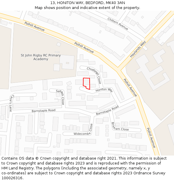 13, HONITON WAY, BEDFORD, MK40 3AN: Location map and indicative extent of plot