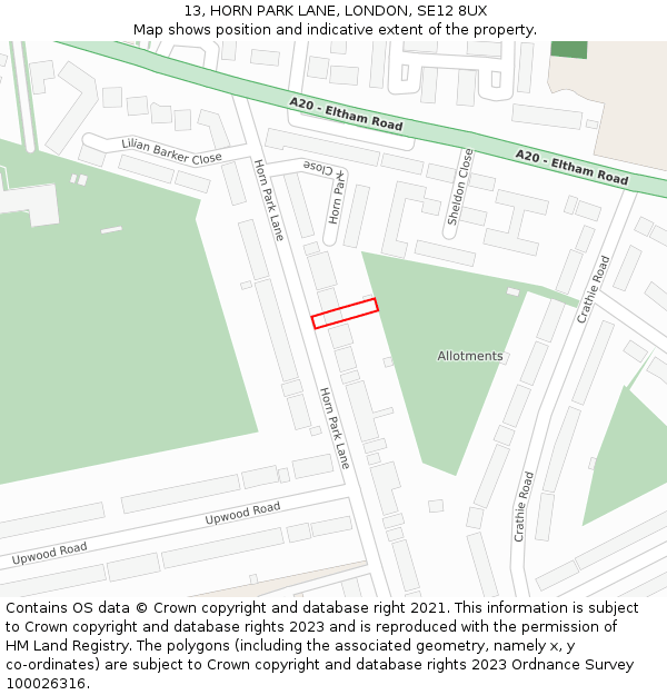 13, HORN PARK LANE, LONDON, SE12 8UX: Location map and indicative extent of plot