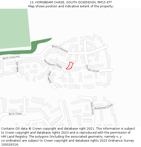 13, HORNBEAM CHASE, SOUTH OCKENDON, RM15 6TT: Location map and indicative extent of plot