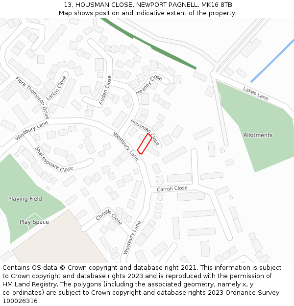 13, HOUSMAN CLOSE, NEWPORT PAGNELL, MK16 8TB: Location map and indicative extent of plot