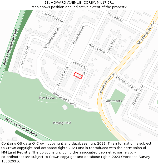 13, HOWARD AVENUE, CORBY, NN17 2RU: Location map and indicative extent of plot