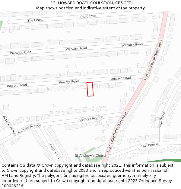 13, HOWARD ROAD, COULSDON, CR5 2EB: Location map and indicative extent of plot