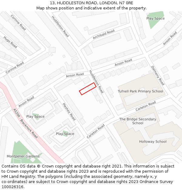 13, HUDDLESTON ROAD, LONDON, N7 0RE: Location map and indicative extent of plot