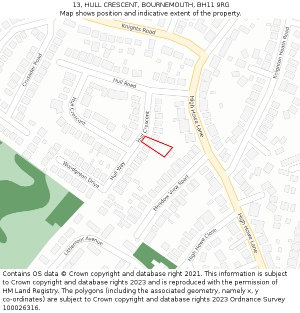 13, HULL CRESCENT, BOURNEMOUTH, BH11 9RG: Location map and indicative extent of plot