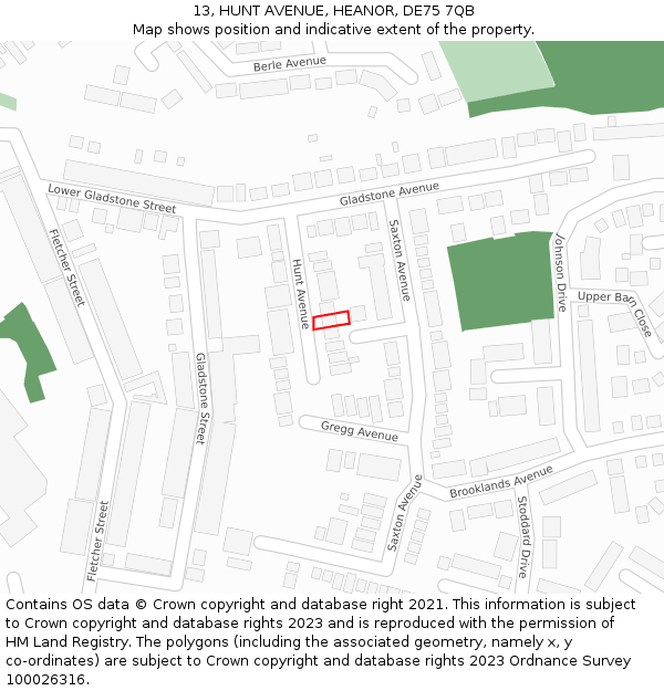 13, HUNT AVENUE, HEANOR, DE75 7QB: Location map and indicative extent of plot