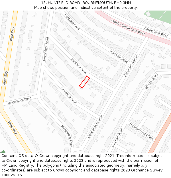 13, HUNTFIELD ROAD, BOURNEMOUTH, BH9 3HN: Location map and indicative extent of plot