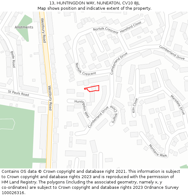 13, HUNTINGDON WAY, NUNEATON, CV10 8JL: Location map and indicative extent of plot