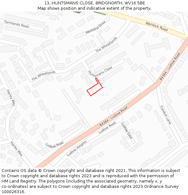 13, HUNTSMANS CLOSE, BRIDGNORTH, WV16 5BE: Location map and indicative extent of plot