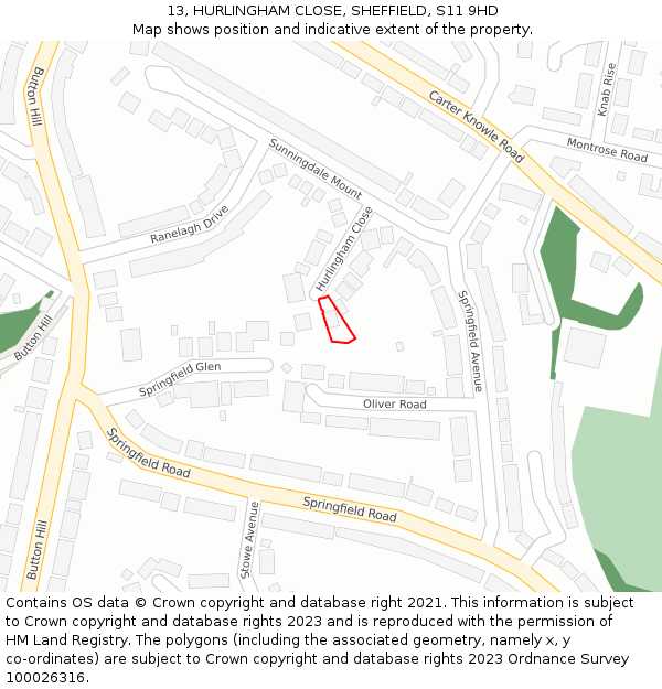 13, HURLINGHAM CLOSE, SHEFFIELD, S11 9HD: Location map and indicative extent of plot