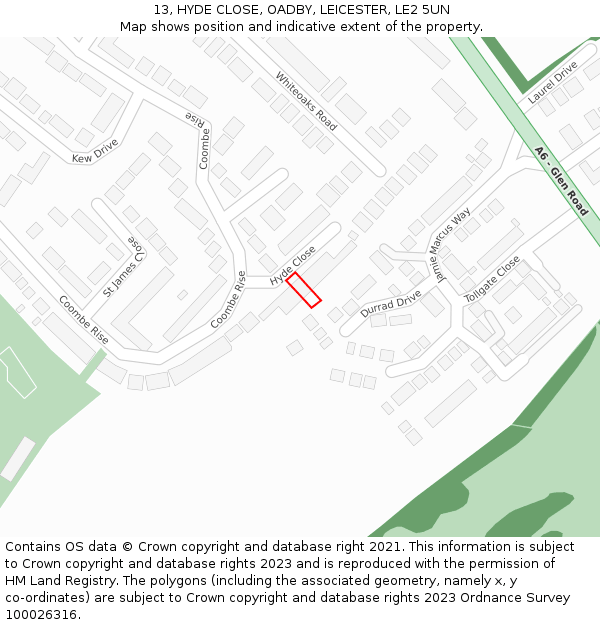 13, HYDE CLOSE, OADBY, LEICESTER, LE2 5UN: Location map and indicative extent of plot