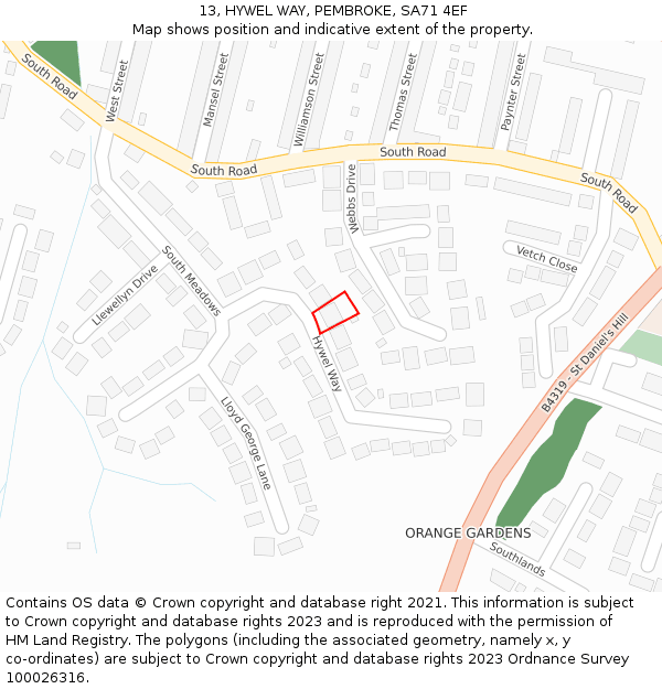 13, HYWEL WAY, PEMBROKE, SA71 4EF: Location map and indicative extent of plot