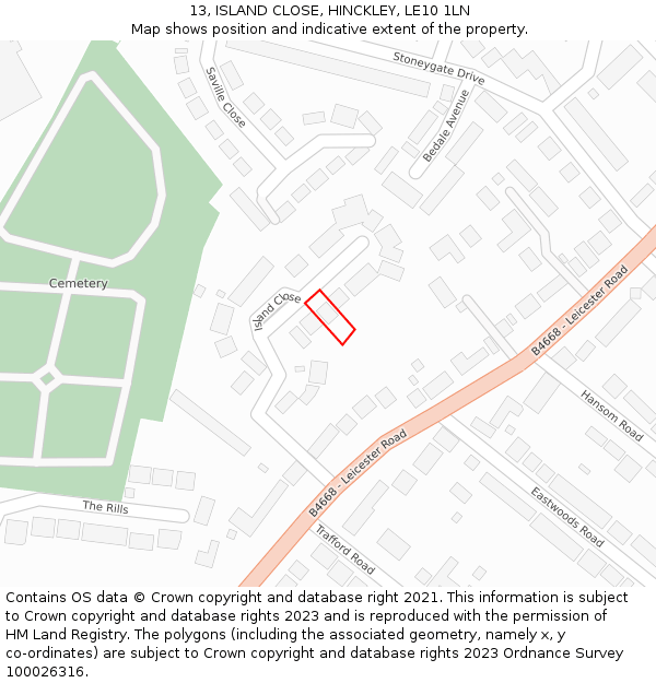 13, ISLAND CLOSE, HINCKLEY, LE10 1LN: Location map and indicative extent of plot