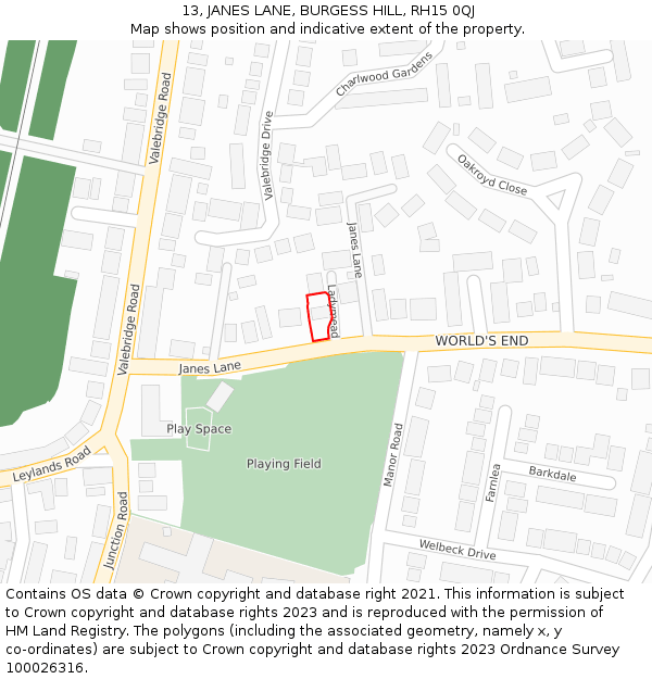 13, JANES LANE, BURGESS HILL, RH15 0QJ: Location map and indicative extent of plot