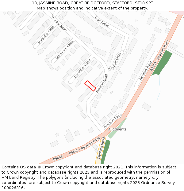 13, JASMINE ROAD, GREAT BRIDGEFORD, STAFFORD, ST18 9PT: Location map and indicative extent of plot