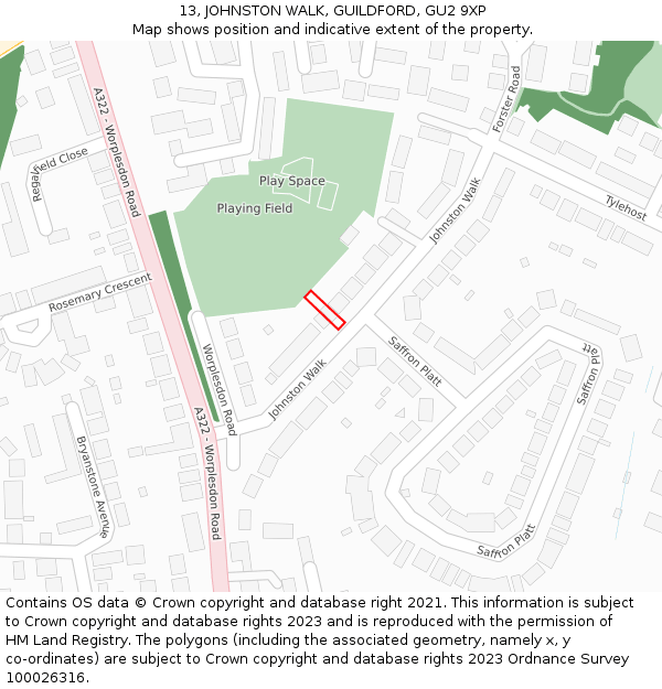 13, JOHNSTON WALK, GUILDFORD, GU2 9XP: Location map and indicative extent of plot