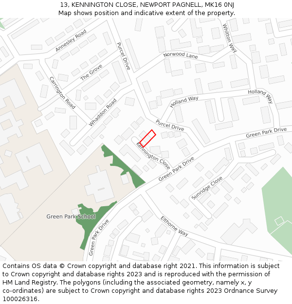 13, KENNINGTON CLOSE, NEWPORT PAGNELL, MK16 0NJ: Location map and indicative extent of plot