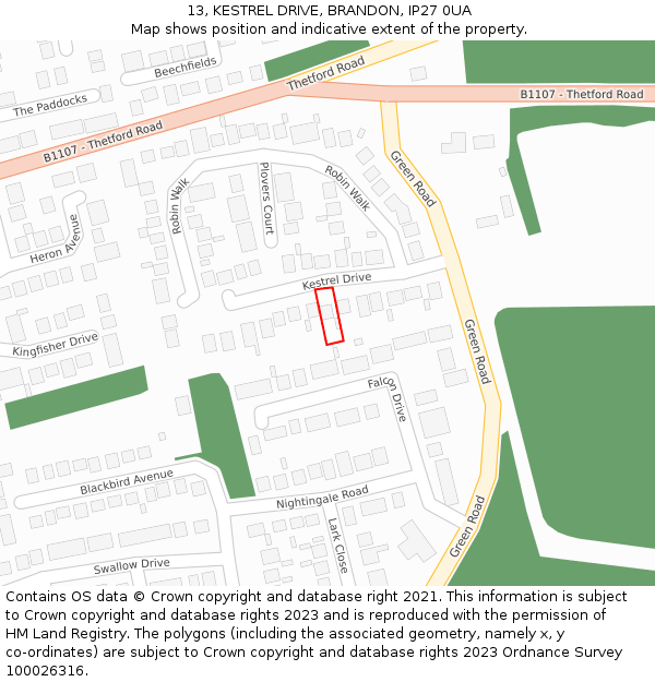 13, KESTREL DRIVE, BRANDON, IP27 0UA: Location map and indicative extent of plot